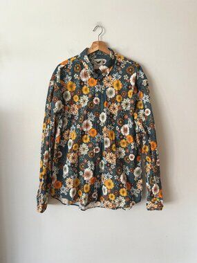 Yiume 100% Cotton Button Up Long Sleeve Floral Hawaiian Shirt Men's Size XL